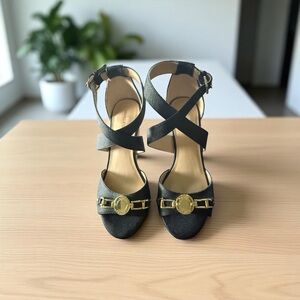 Marc Fisher Black Sandals with Gold Details